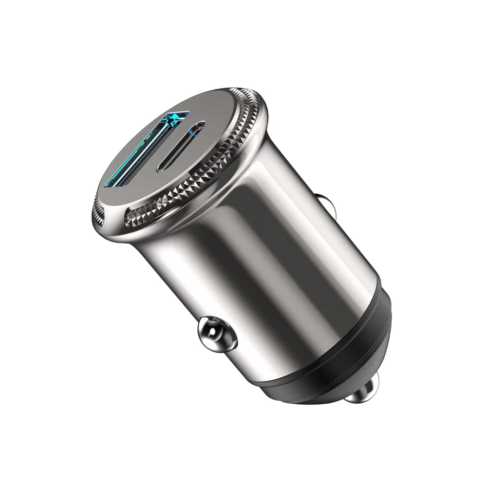 Mini car charger with zinc alloy cover and plastic top cover